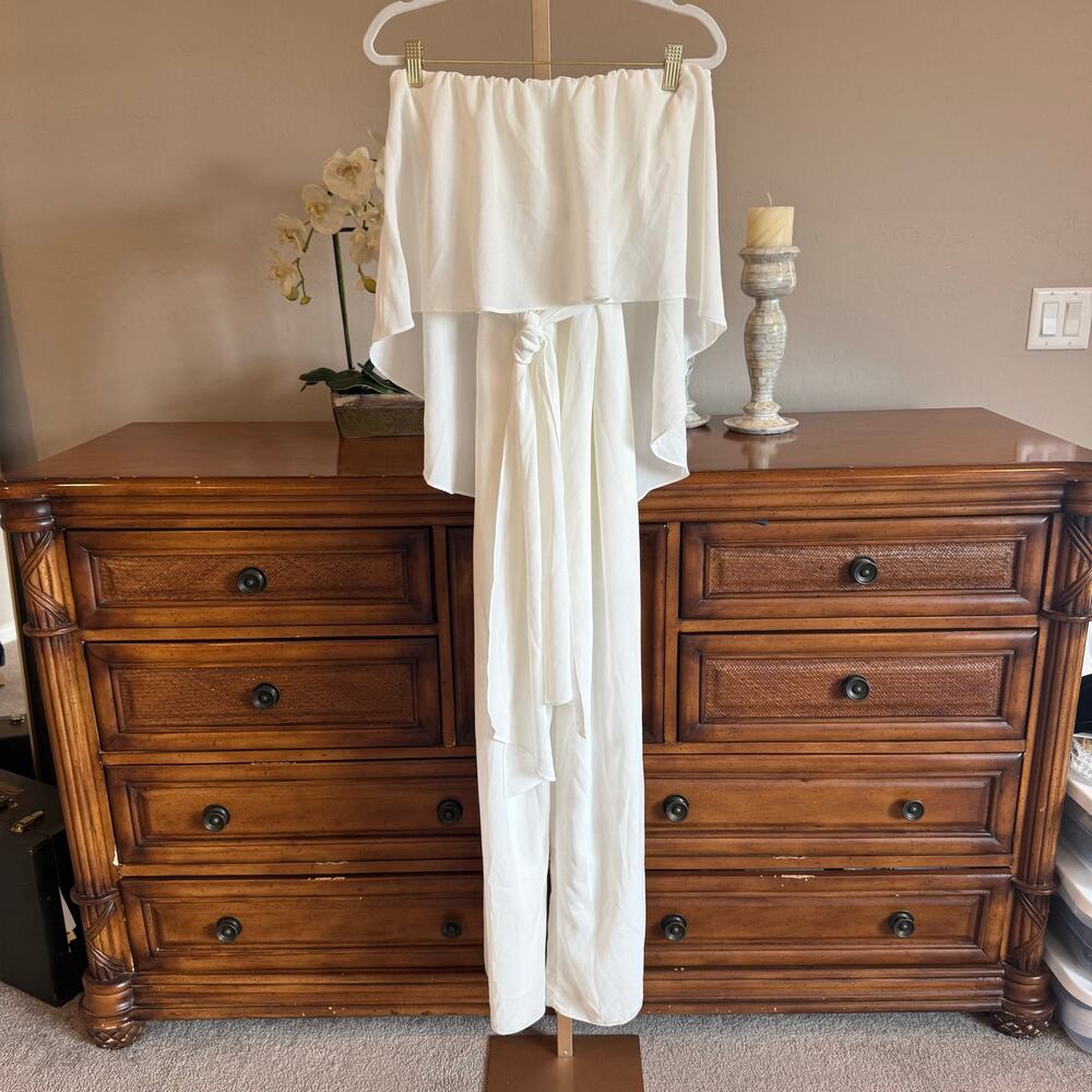 VICI Strapless Tie Waist Wide Leg Jumpsuit White M NWT